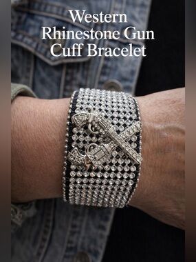 Western Rhinestone Gun Cuff Bracelet Wide Snap Crystal Silver Tone Statement